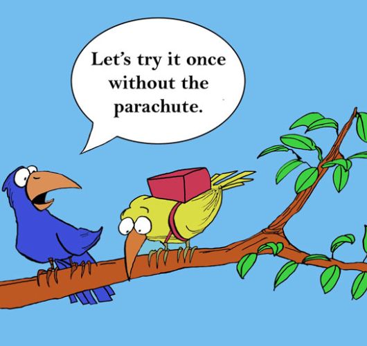 Een cartoon van twee vogels die op een tak zitten, met een kleurrijke achtergrond.